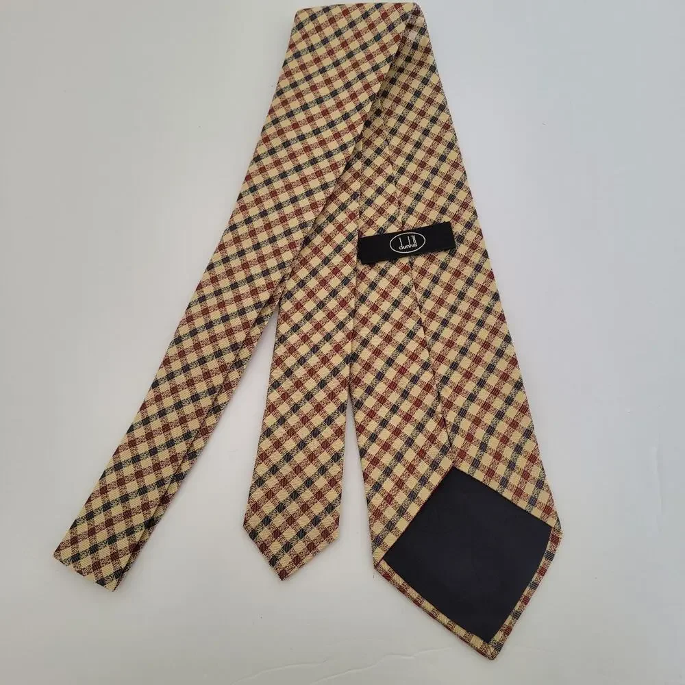 Dunhill Men's Neck Tie Made In England Designer Silk Multicolor Plaid Check Logo